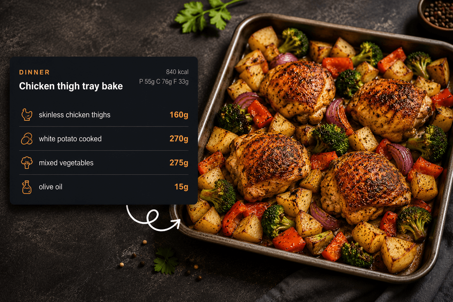 Air fryer chicken thigh tray bake meal prep card with potatoes and vegetables