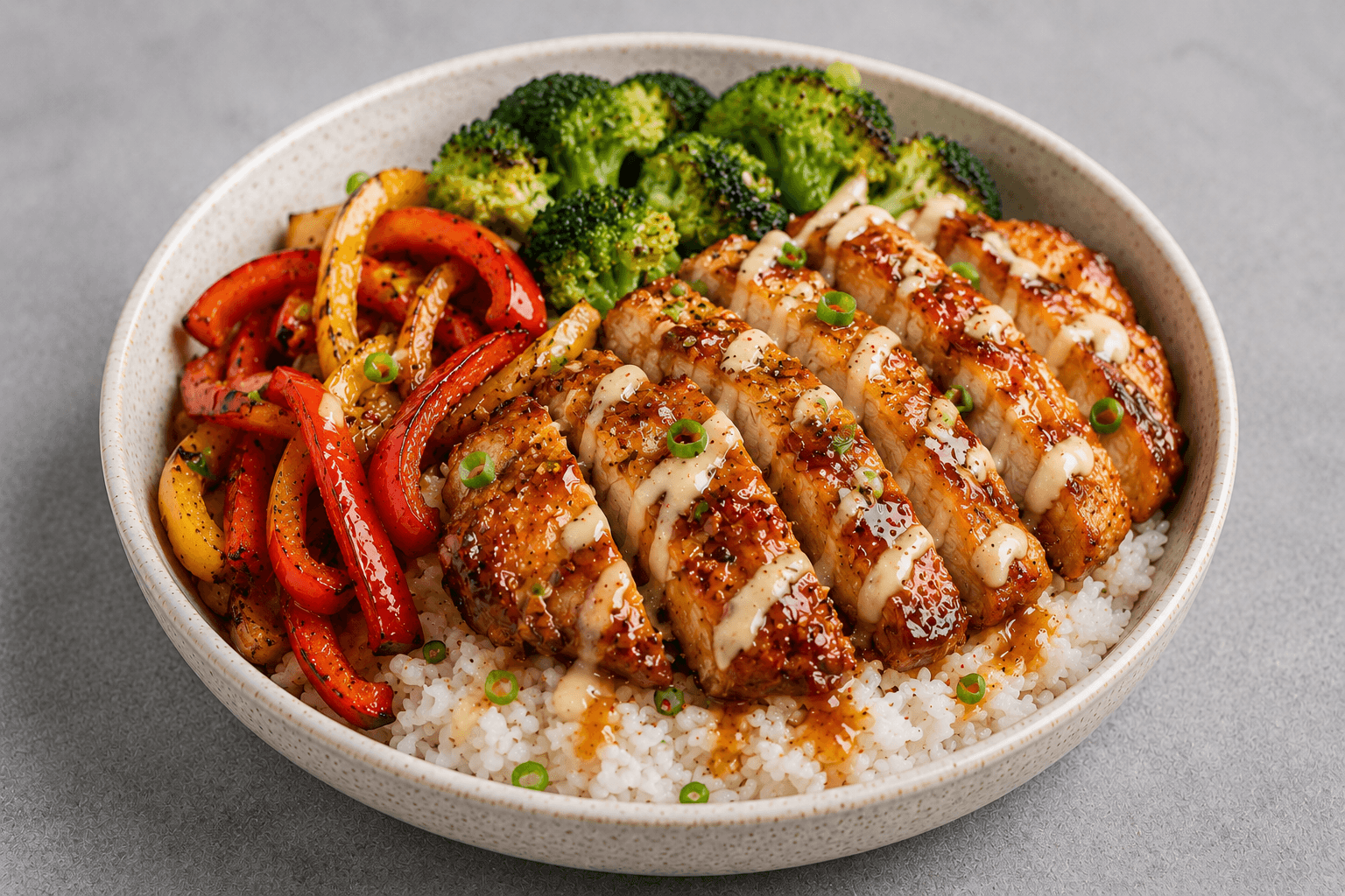 Air fryer hot honey chicken bowl with rice and peppers