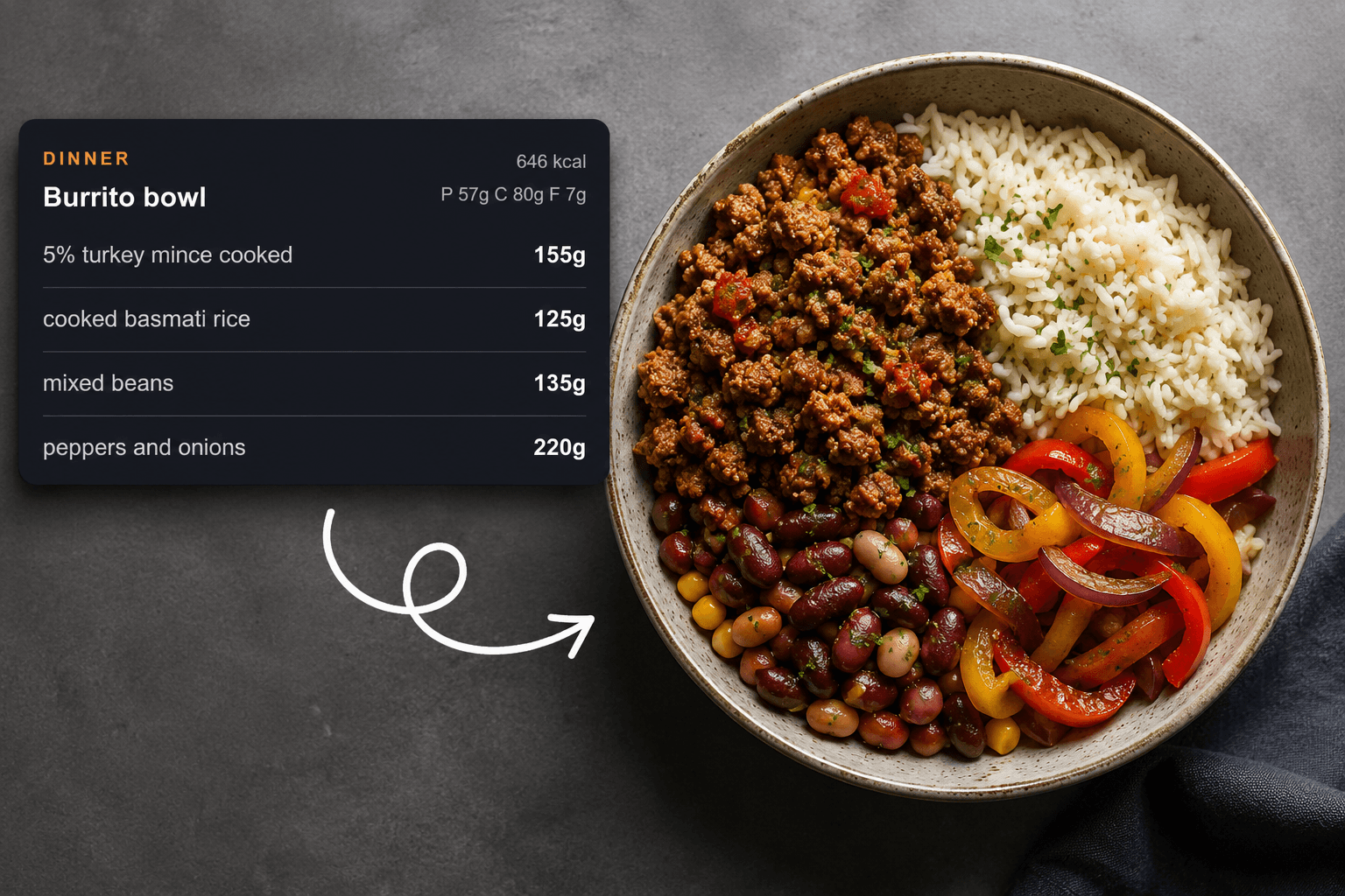 Example burrito bowl meal card used inside a realistic diet and exercise plan
