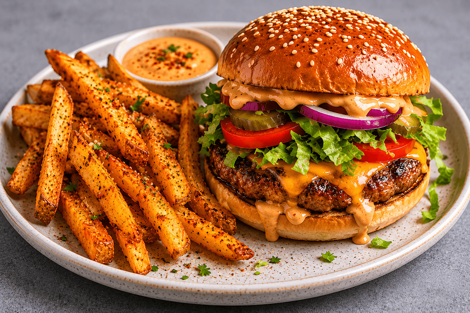 Fakeaway burger and fries high protein weight loss meal